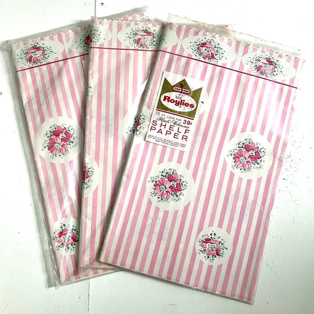 Vintage 50’s pink floral stripes Roylies plasti-chrome shelf liner paper packs